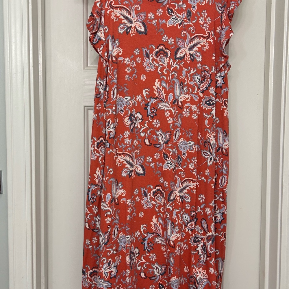 LOFT Floral Midi Dress in Rust with White and Blue Paisley
